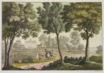 Washingtons hus i Mount Vernon, från "Le Costume Ancien et Moderne", platta 39, av Jules Ferrario, publicerad på 1820-30-talet (färggravyr).